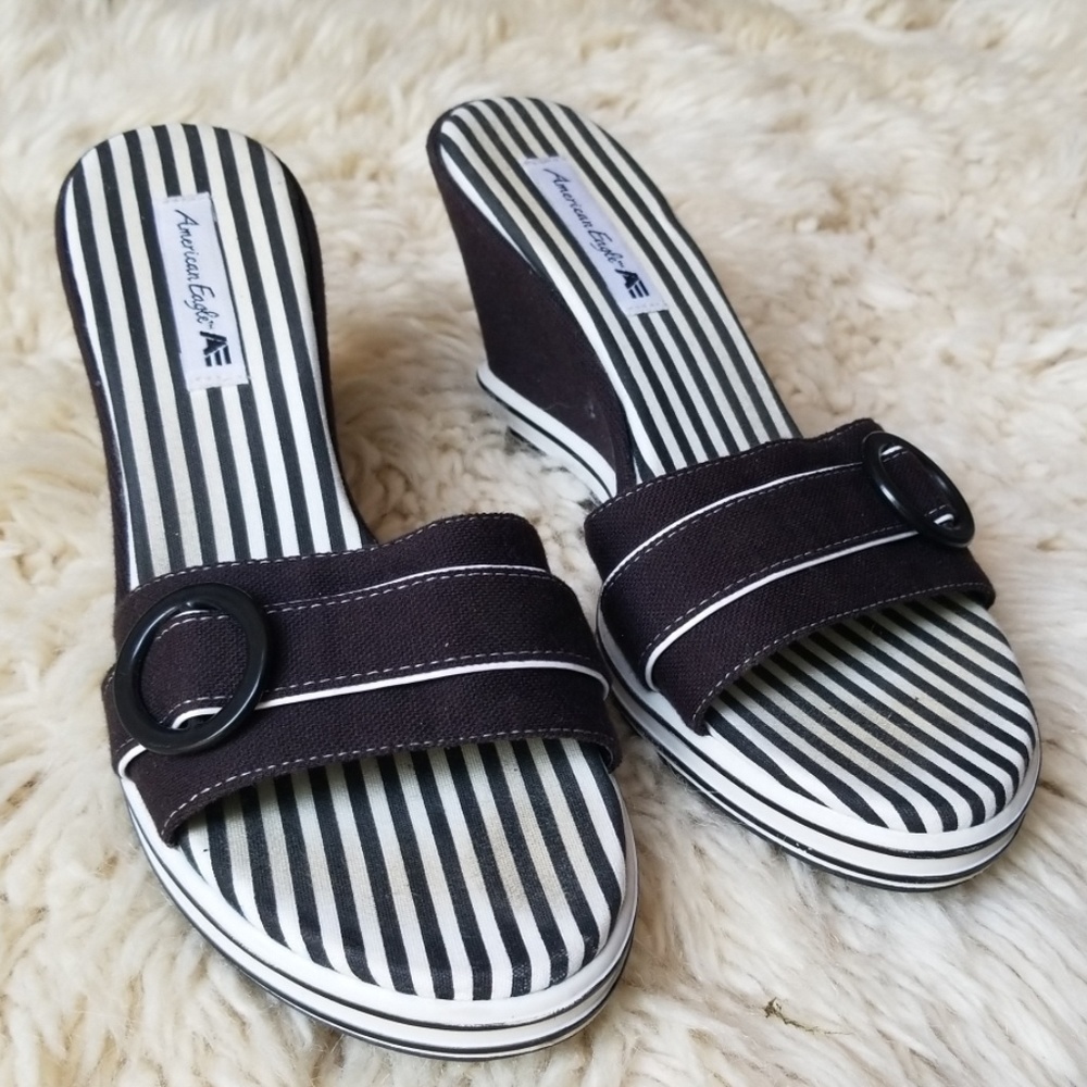 American Eagle Outfitters Black and White Striped Wedge Sandals